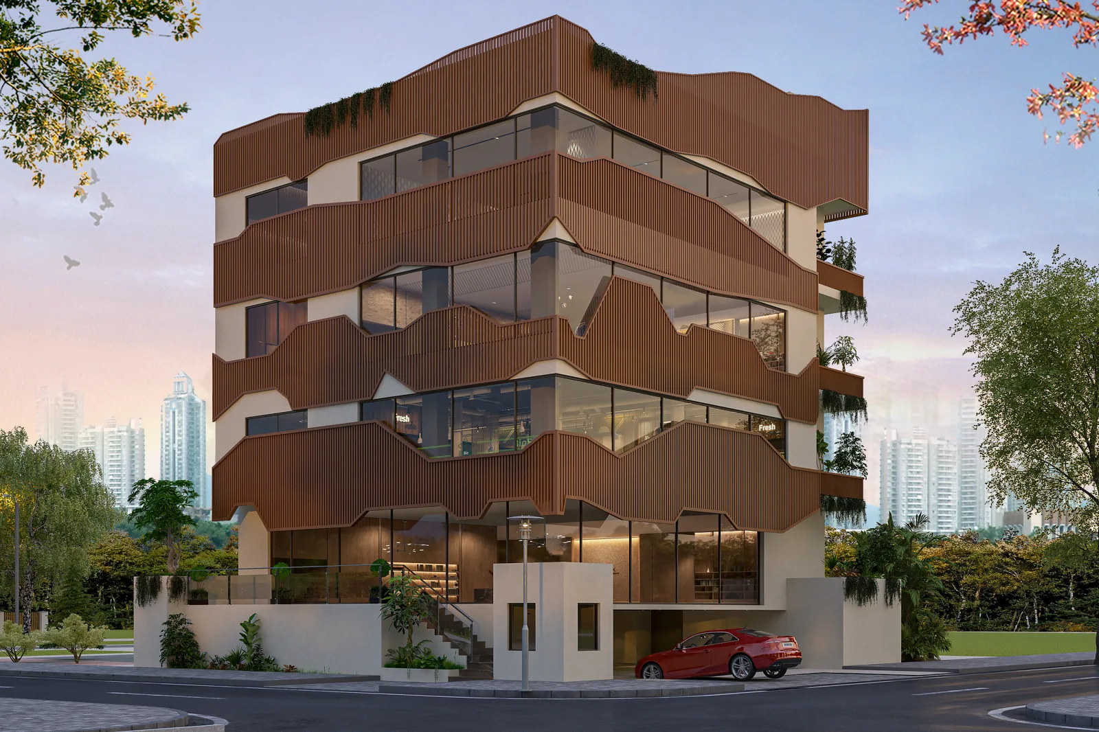 Front elevation of FOUR 94 — timber louvre façade and full-height glazing (artist's impression)