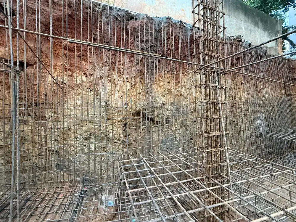 Foundation reinforcement, rebar cage in the basement excavation